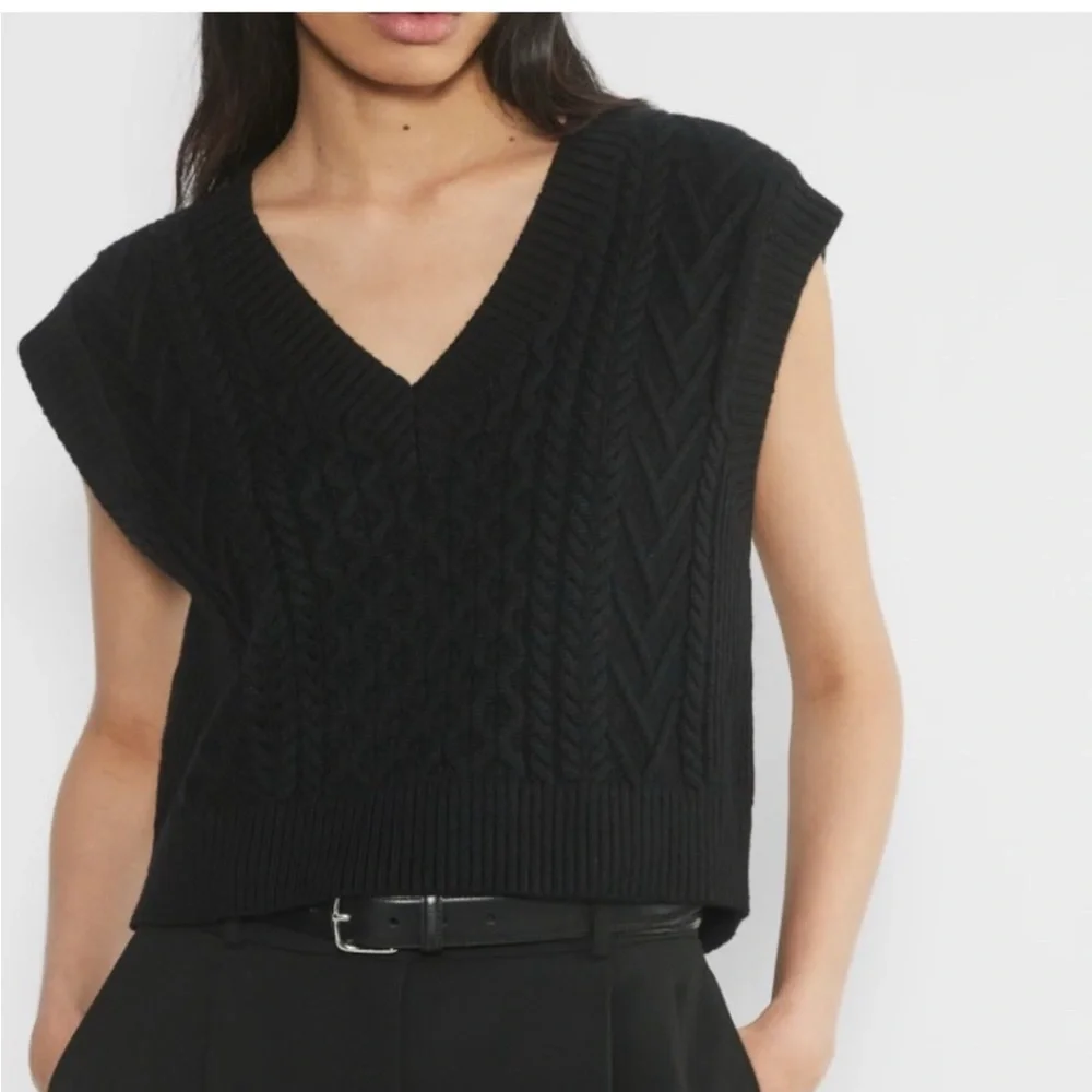 Aritzia Babaton Emporia Merino Wool V-Neck Sweater Vest Black Small Cable Knit - Picture 11 of 11